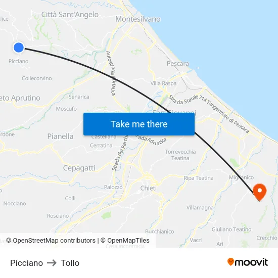 Picciano to Tollo map