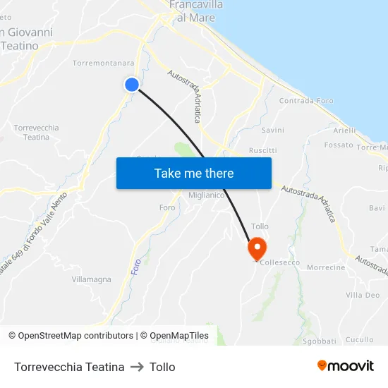 Torrevecchia Teatina to Tollo map