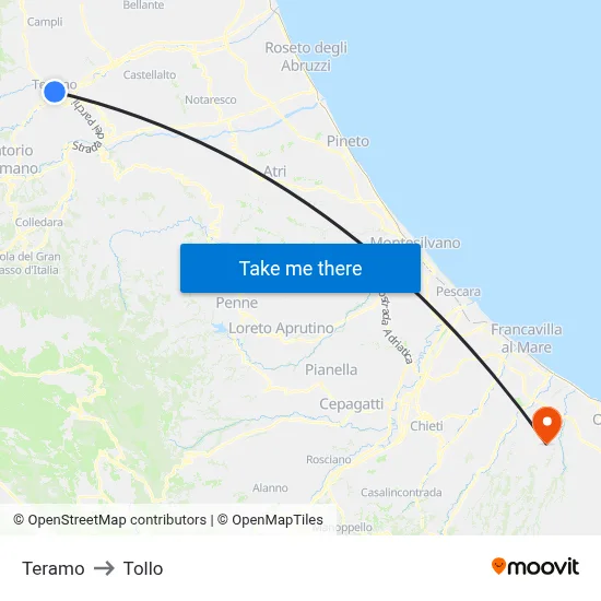 Teramo to Tollo map