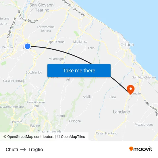 Chieti to Treglio map
