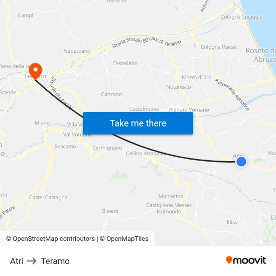 Atri to Teramo map