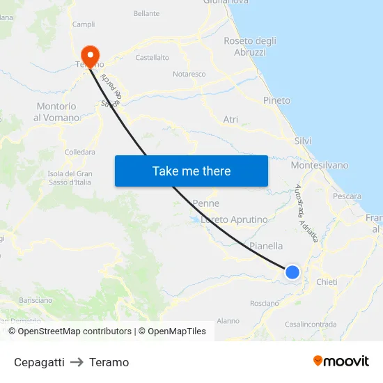 Cepagatti to Teramo map