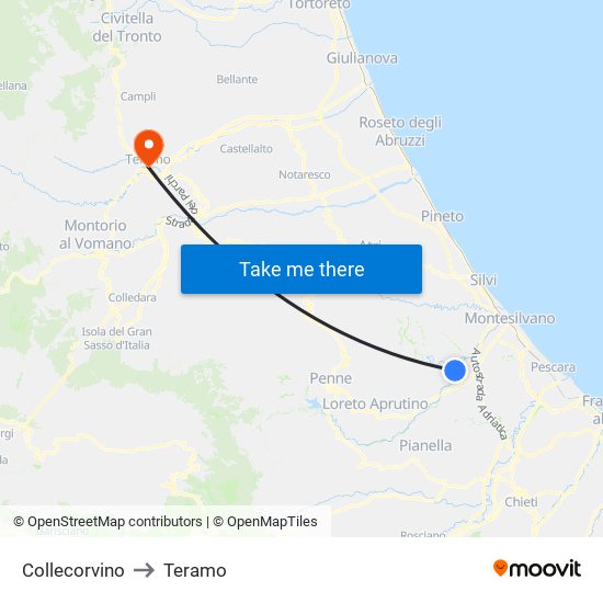 Collecorvino to Teramo map