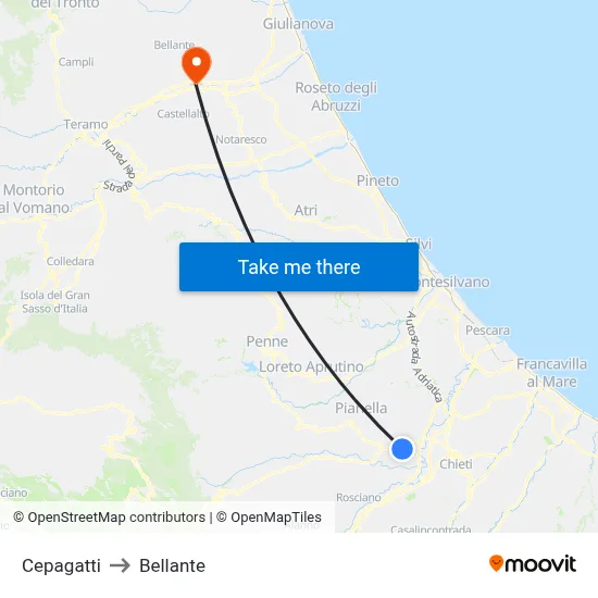 Cepagatti to Bellante map