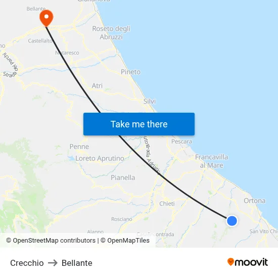 Crecchio to Bellante map