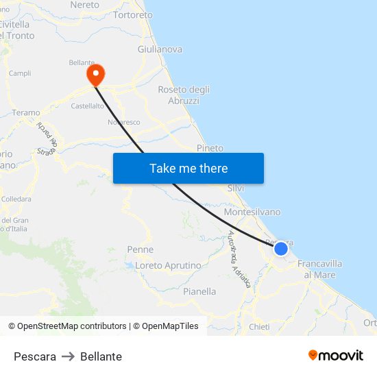 Pescara to Bellante map