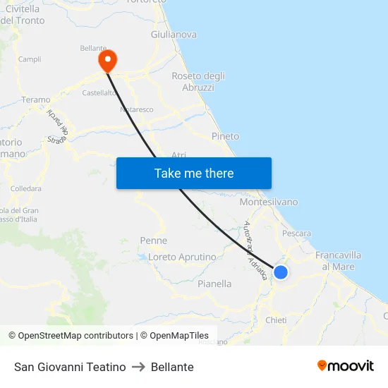San Giovanni Teatino to Bellante map