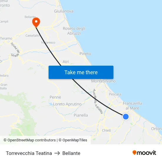 Torrevecchia Teatina to Bellante map