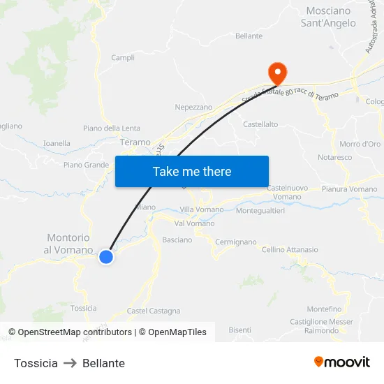 Tossicia to Bellante map