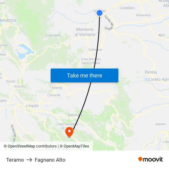 Teramo to Fagnano Alto map