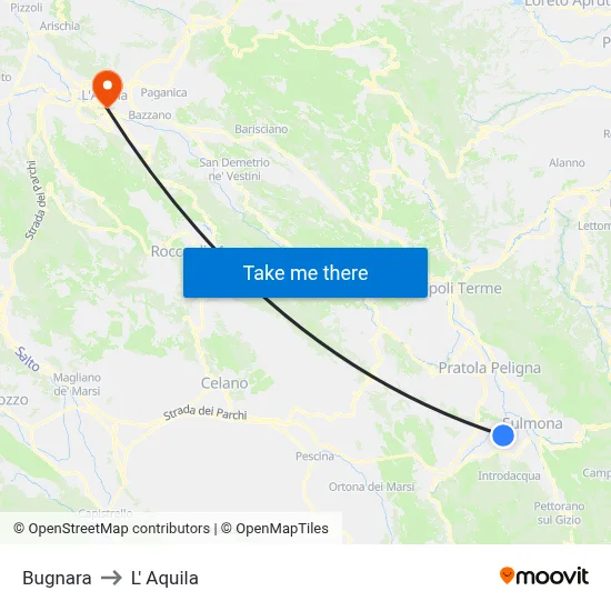 Bugnara to L'Aquila map