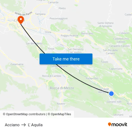 Acciano to L' Aquila map