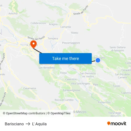 Barisciano to L' Aquila map
