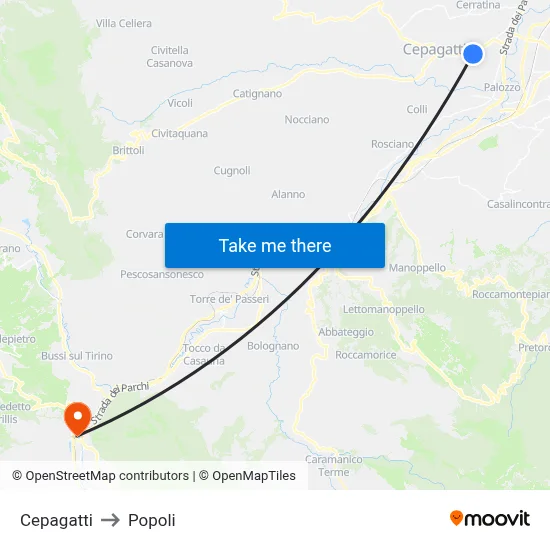 Cepagatti to Popoli map