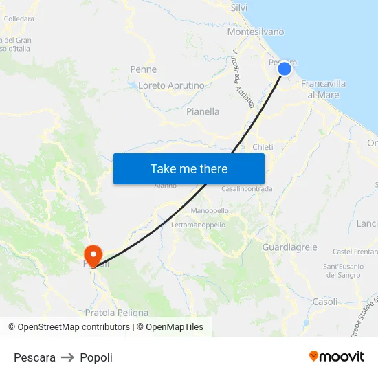 Pescara to Popoli map