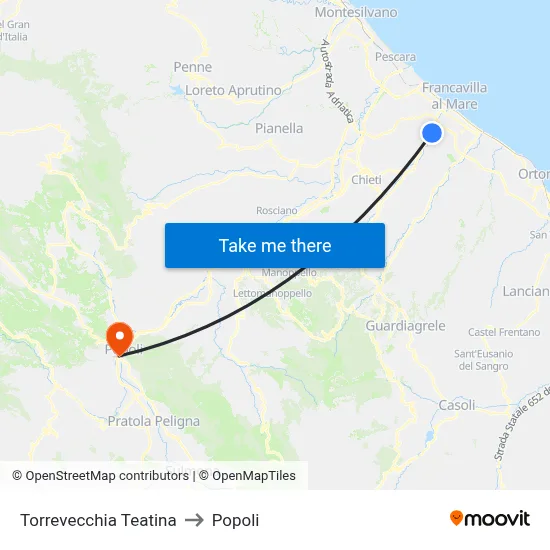 Torrevecchia Teatina to Popoli map