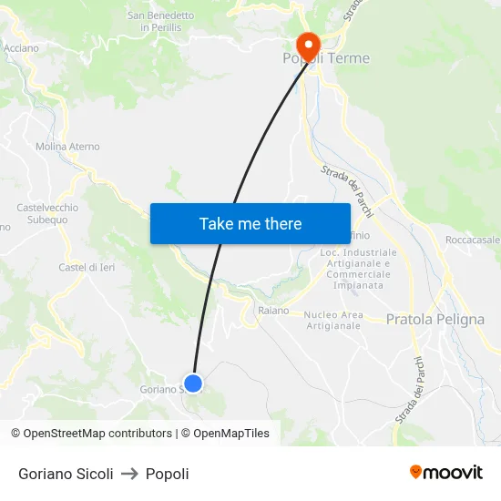 Goriano Sicoli to Popoli map