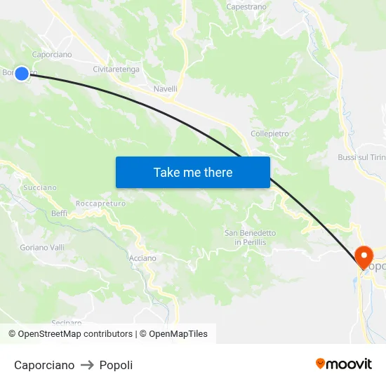 Caporciano to Popoli map
