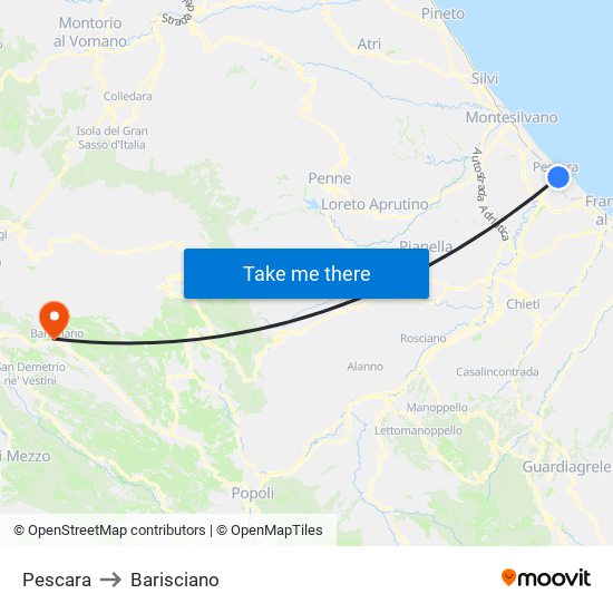 Pescara to Barisciano map
