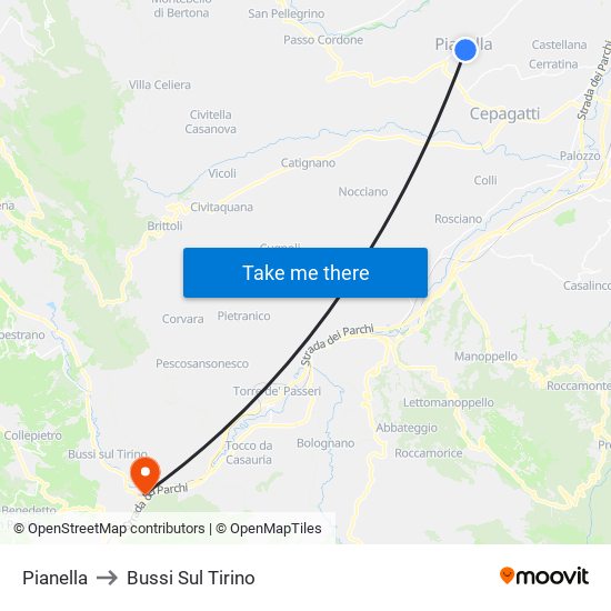 Pianella to Bussi Sul Tirino map
