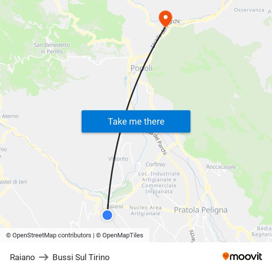 Raiano to Bussi Sul Tirino map