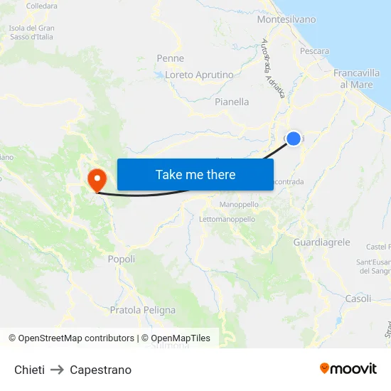 Chieti to Capestrano map