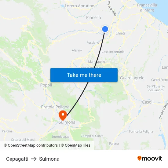 Cepagatti to Sulmona map
