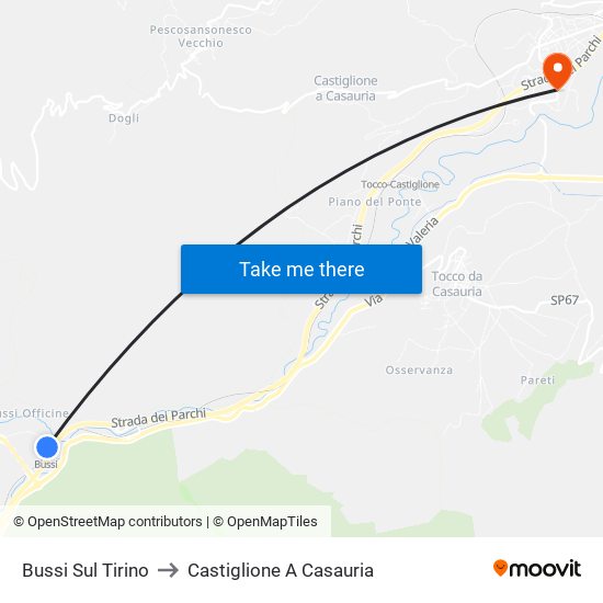 Bussi Sul Tirino to Castiglione A Casauria map