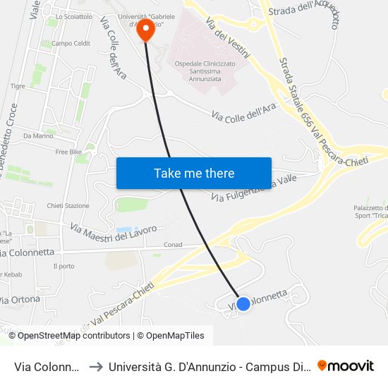 Via Colonnetta to Università G. D'Annunzio - Campus Di Chieti map