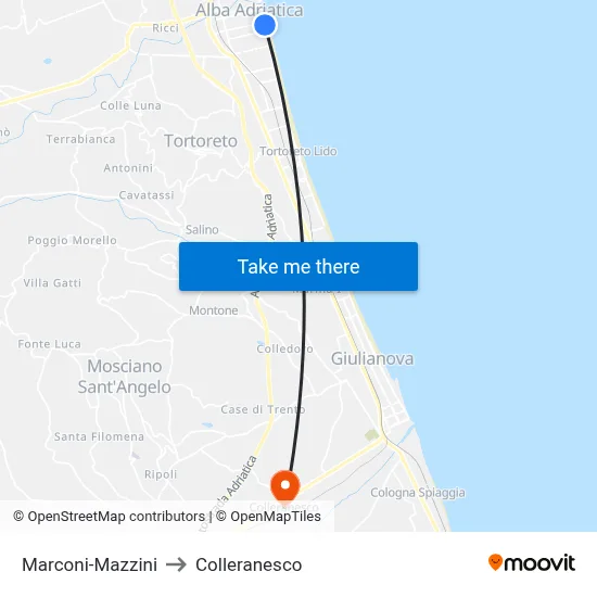 Marconi-Mazzini to Colleranesco map