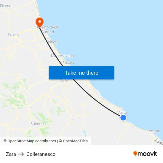 Zara to Colleranesco map