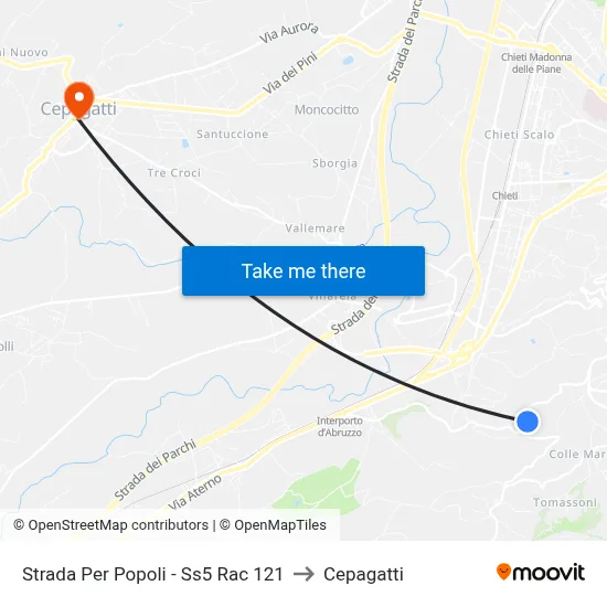 Road to Popoli - State Road 5 Junction 121 to Cepagatti map
