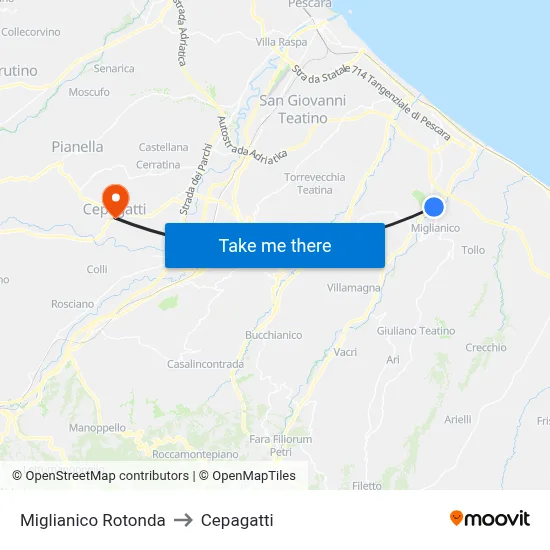 Miglianico Rotonda to Cepagatti map
