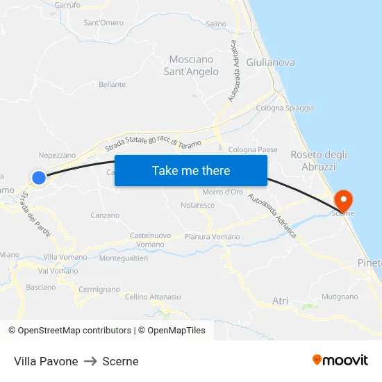 Pavone Villa to Scerne map