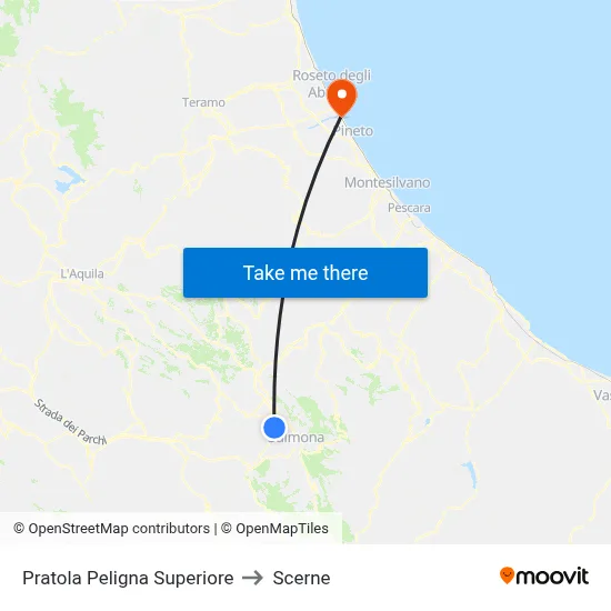Upper Pratola Peligna to Scerne map