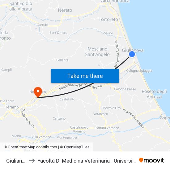 Giulianova FS to Facoltà Di Medicina Veterinaria - Università Degli Studi Di Teramo map