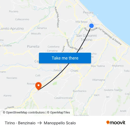 Tirino - Gas Station to Manoppello Station map