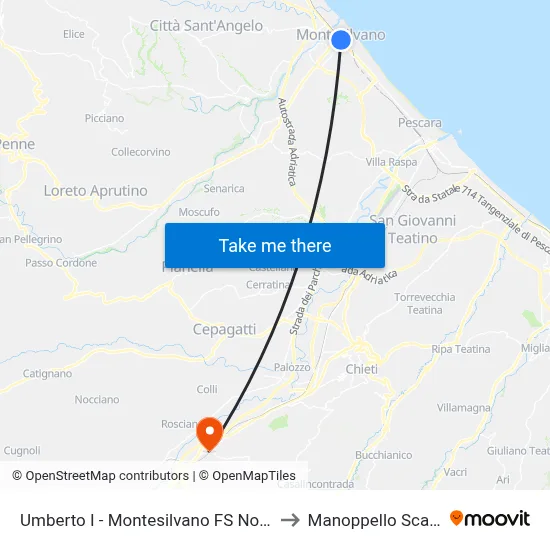 Umberto I - Montesilvano North Station to Manoppello Station map
