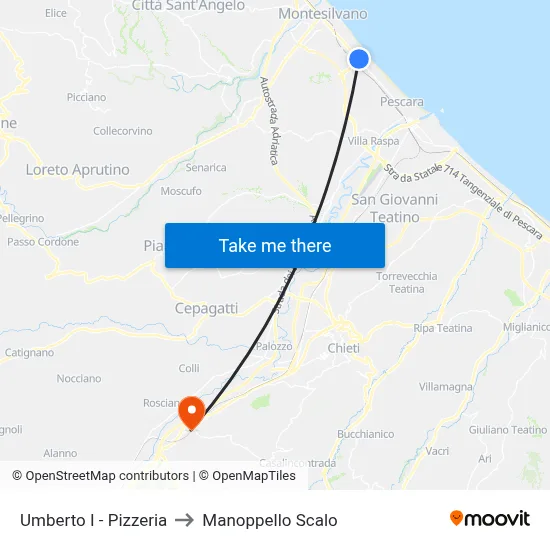 Umberto I - Pizzeria to Manoppello Station map