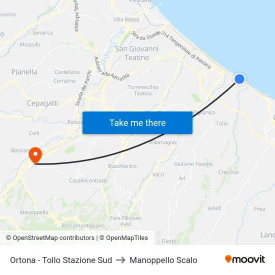 Ortona - Tollo Stazione Sud to Manoppello Scalo map