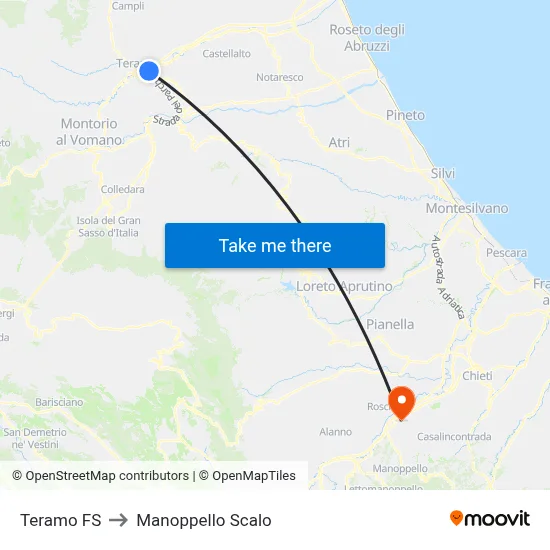 Teramo Railway Station to Manoppello Station map
