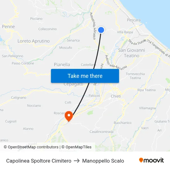 Spoltore Cemetery Terminal to Manoppello Station map