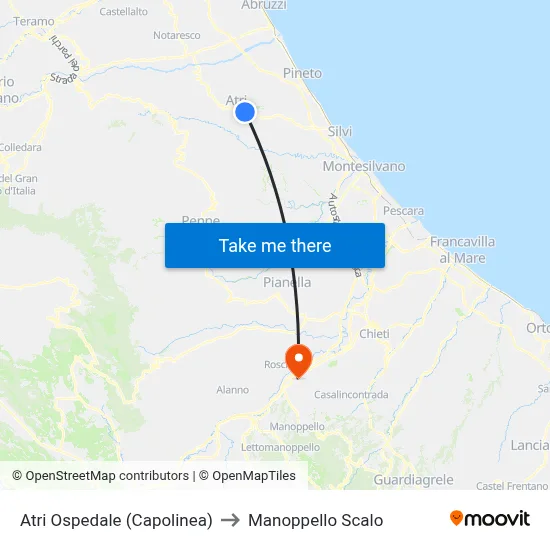 Atri Hospital (Terminal) to Manoppello Station map