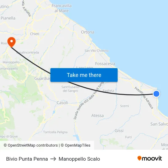 Punta Penna Junction to Manoppello Station map