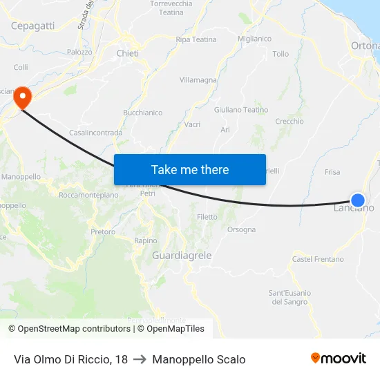 Via Olmo Di Riccio, 18 to Manoppello Scalo map