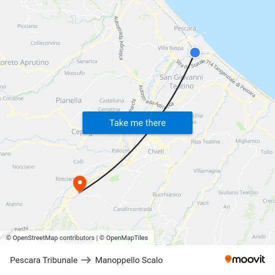 Pescara Tribunale to Manoppello Scalo map