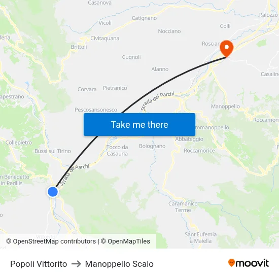 Popoli Vittorito to Manoppello Station map