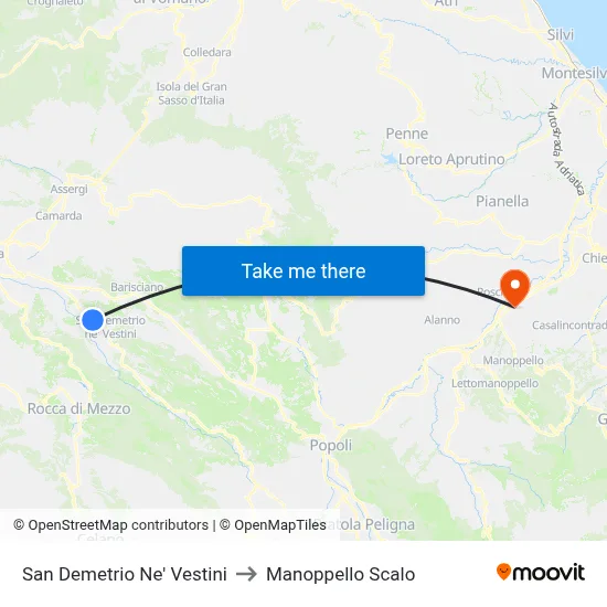 San Demetrio Ne' Vestini to Manoppello Station map