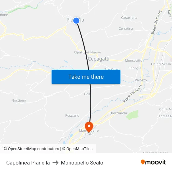 Pianella Terminal to Manoppello Station map