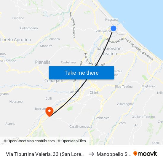 Via Tiburtina Valeria (San Lorenzo Vini) to Manoppello Scalo map
